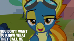 Size: 1920x1080 | Tagged: safe, edit, edited screencap, editor:quoterific, imported from derpibooru, screencap, spitfire, pegasus, pony, newbie dash, season 6, clothes, female, goggles, mare, open mouth, open smile, raised eyebrow, smiling, solo, text, uniform, wonderbolts uniform