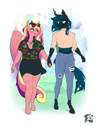 Size: 3151x4096 | Tagged: safe, artist:fizzlesoda2000, imported from derpibooru, princess cadance, queen chrysalis, alicorn, anthro, changeling, changeling queen, unguligrade anthro, blouse, cadalis, clothes, female, holding hands, infidelity, jeans, lesbian, pants, shipping, skirt, smiling, sunglasses, sweater, torn clothes, turtleneck