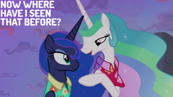 Size: 1920x1080 | Tagged: safe, edit, edited screencap, editor:quoterific, imported from derpibooru, screencap, princess celestia, princess luna, alicorn, pony, between dark and dawn, season 9, spoiler:s09, barehoof, clothes, duo, female, mare, open mouth, open smile, shirt, smiling, text