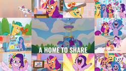 Size: 1968x1105 | Tagged: safe, edit, edited screencap, editor:quoterific, imported from derpibooru, screencap, hitch trailblazer, izzy moonbow, pipp petals, sunny starscout, zipp storm, crab, earth pony, pegasus, pony, unicorn, spoiler:g5, spoiler:my little pony: tell your tale, spoiler:tyts01e01, a home to share, argyle starshine, bipedal, cellphone, eyes closed, female, flying, g5, glasses, male, mane five (g5), mane stripe sunny, mare, mcsnips-a-lot, my little pony: tell your tale, nose in the air, open mouth, open smile, phone, selfie, smartphone, smiling, spread wings, stallion, text, volumetric mouth, wings