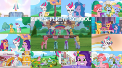 Size: 1968x1106 | Tagged: safe, edit, edited screencap, editor:quoterific, imported from derpibooru, screencap, hitch trailblazer, izzy moonbow, pipp petals, sunny starscout, zipp storm, earth pony, pegasus, pony, unicorn, spoiler:g5, spoiler:my little pony: tell your tale, spoiler:tyts01e02, eyes closed, female, fifi (g5), filly, filly zipp storm, flying, g5, lemon gear, male, mane five (g5), mane stripe sunny, mare, my little pony: tell your tale, open mouth, open smile, plum library, smiling, smoothie, spread wings, stallion, text, thunder flap, windy (g5), wings, younger, zipp's flight school, zoom zephyrwing
