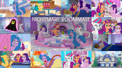 Size: 1974x1111 | Tagged: safe, edit, edited screencap, editor:quoterific, imported from derpibooru, screencap, hitch trailblazer, izzy moonbow, pipp petals, sunny starscout, zipp storm, earth pony, pegasus, pony, unicorn, spoiler:g5, spoiler:my little pony: tell your tale, spoiler:tyts01e04, bed, couch, eyes closed, female, g5, grin, magic, male, mane five (g5), mane stripe sunny, mare, my little pony: tell your tale, nervous, nervous grin, nightmare roommate, open mouth, open smile, shrunken pupils, smiling, spread wings, stallion, sweat, telekinesis, text, toothbrush, wings