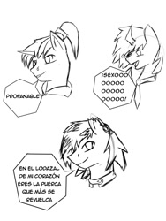 Size: 768x1024 | Tagged: safe, artist:papery xlp, imported from derpibooru, oc, oc:cadblank, oc:lexus loop, oc:papery xlp, alicorn, earth pony, pony, unicorn, ear piercing, piercing, spanish, torn ear, translation request