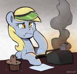 Size: 930x900 | Tagged: safe, artist:talimingi, imported from derpibooru, derpy hooves, pegasus, pony, female, food, frown, hoof on cheek, i just don't know what went wrong, mare, muffin, paper, smoke, solo