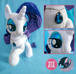 Size: 1852x1811 | Tagged: safe, artist:nerofledermaus, imported from derpibooru, rarity, unicorn, advertisement, cute, jewelry, necklace, photo, plushie, raised hoof, raribetes