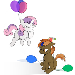 Size: 2207x2208 | Tagged: artist needed, source needed, safe, imported from derpibooru, button mash, sweetie belle, earth pony, pony, unicorn, balloon, button mash is not amused, colt, duo, duo male and female, eyes closed, female, filly, floating, foal, frown, giggling, grin, high res, male, nose wrinkle, requested art, shadow, simple background, smiling, unamused, white background