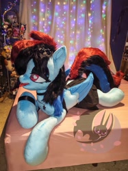 Size: 1497x2000 | Tagged: safe, artist:nerofledermaus, imported from derpibooru, rainbow dash, alternate hairstyle, bed, bedroom eyes, bracelet, clothes, goth, heart eyes, irl, jewelry, makeup, photo, piercing, plushie, solo, tongue out, wingding eyes