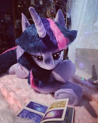 Size: 1638x2048 | Tagged: safe, artist:nerofledermaus, imported from derpibooru, twilight sparkle, alicorn, bed, bedroom eyes, book, irl, photo, plushie, reading, solo, twilight sparkle (alicorn)