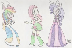 Size: 1400x947 | Tagged: safe, artist:bageloftime, imported from derpibooru, fluttershy, rainbow dash, rarity, equestria girls, bunny ears, clothes, dress, easter, easter bunny, gown, holiday, long dress, long skirt, mind control, skirt, sleeveless, traditional art, trio
