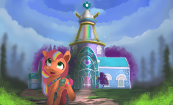 Size: 4900x3000 | Tagged: safe, artist:auroriia, imported from derpibooru, sunny starscout, earth pony, pony, bag, crystal brighthouse, female, g5, grass, high res, mane stripe sunny, mare, my little pony: tell your tale, open mouth, open smile, smiling, solo, tree, window