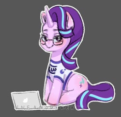 Size: 643x621 | Tagged: safe, artist:superiorinfamea, imported from derpibooru, starlight glimmer, pony, unicorn, april fools, clothes, computer, glasses, laptop computer, lua, pixel art, r/place, reddit, shirt, solo, t-shirt