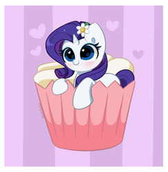 Size: 5000x5126 | Tagged: safe, artist:kittyrosie, imported from derpibooru, part of a set, rarity, pony, unicorn, blushing, cupcake, cupcake pony, cute, floating heart, flower, flower in hair, food, heart, heart eyes, raribetes, smiling, solo, sweet dreams fuel, weapons-grade cute, wingding eyes