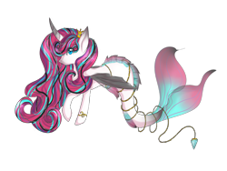 Size: 1600x1200 | Tagged: safe, artist:julytoo, imported from derpibooru, oc, oc only, alicorn, hippocampus, hybrid, merpony, pony, seapony (g4), blue eyes, clothes, crown, dorsal fin, female, fin wings, fins, fish tail, flowing mane, flowing tail, horn, jewelry, mare, necklace, pearl necklace, regalia, seaponified, see-through, simple background, solo, species swap, tail, transparent background, wings