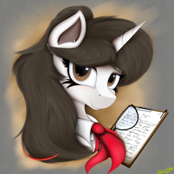 Size: 4000x4000 | Tagged: safe, artist:ser-p, imported from derpibooru, raven, pony, unicorn, absurd resolution, bust, clipboard, cute, female, glasses, looking at you, mare, missing accessory, ravenbetes, smiling, smiling at you, solo