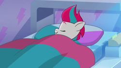 Size: 3410x1920 | Tagged: safe, imported from derpibooru, screencap, zipp storm, pegasus, pony, spoiler:g5, spoiler:my little pony: tell your tale, spoiler:tyts01e04, bed, blanket, eyes closed, female, g5, high res, mare, my little pony: tell your tale, nightmare roommate, sleeping, smiling, solo