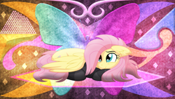 Size: 3840x2160 | Tagged: safe, artist:cyanlightning, artist:laszlvfx, edit, imported from derpibooru, fluttershy, pegasus, pony, clothes, lying down, prone, socks, solo, striped socks, wallpaper, wallpaper edit