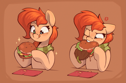 Size: 1395x914 | Tagged: safe, artist:rexyseven, imported from derpibooru, oc, oc only, oc:rusty gears, earth pony, pony, annoyed, burger, cross-popping veins, fail, female, food, hamburger, heterochromia, hoof hold, licking, licking lips, mare, meat, ponies eating meat, solo, tongue out