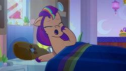 Size: 3410x1920 | Tagged: safe, imported from derpibooru, screencap, sunny starscout, earth pony, pony, spoiler:g5, spoiler:my little pony: tell your tale, spoiler:tyts01e04, :o, bed, blanket, eyes closed, female, g5, high res, mane stripe sunny, mare, my little pony: tell your tale, nightmare roommate, open mouth, solo, yawn