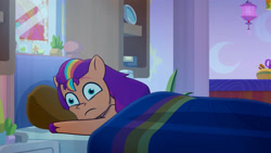 Size: 3410x1920 | Tagged: safe, imported from derpibooru, screencap, sunny starscout, earth pony, pony, spoiler:g5, spoiler:my little pony: tell your tale, spoiler:tyts01e04, bed, blanket, female, g5, high res, mane stripe sunny, mare, my little pony: tell your tale, nightmare roommate, solo