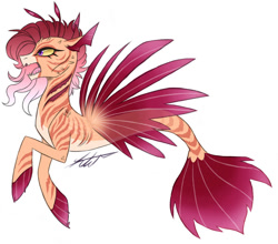 Size: 952x839 | Tagged: safe, artist:kasara-designs, imported from derpibooru, oc, oc only, hybrid, seapony (g4), adoptable, commission, fins, fish tail, flowing mane, flowing tail, open mouth, purple eyes, red mane, signature, simple background, solo, tail, teeth, white background