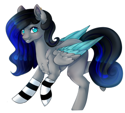 Size: 3000x2701 | Tagged: safe, artist:highrolleryt, imported from derpibooru, oc, oc only, pegasus, pony, chest fluff, clothes, colored wings, ear fluff, female, grin, mare, pegasus oc, simple background, smiling, socks, solo, striped socks, transparent background, two toned wings, wings