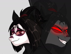 Size: 1280x960 | Tagged: safe, artist:arlekinarts, imported from derpibooru, oc, oc only, anthro, earth pony, anthro oc, bust, duality, earth pony oc, evil grin, glowing, glowing eyes, grin, red eyes, smiling, solo