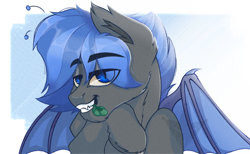 Size: 1280x791 | Tagged: safe, artist:arlekinarts, imported from derpibooru, oc, oc only, bat pony, pony, bat pony oc, bat wings, bedroom eyes, bust, ear fluff, eye clipping through hair, flower, flower in mouth, male, mouth hold, solo, spread wings, stallion, wings