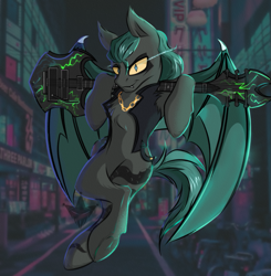 Size: 1237x1264 | Tagged: safe, artist:arlekinarts, imported from derpibooru, oc, oc only, bat pony, pony, bat pony oc, bat wings, bipedal, chest fluff, clothes, ear fluff, electric guitar, guitar, male, musical instrument, outdoors, smiling, solo, stallion, vest, wings