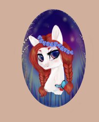 Size: 1500x1850 | Tagged: safe, artist:77jessieponygames77, imported from derpibooru, oc, oc only, earth pony, pony, braid, brown background, bust, earth pony oc, eyelashes, female, floral head wreath, flower, mare, simple background, solo