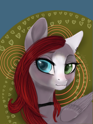 Size: 950x1264 | Tagged: safe, artist:77jessieponygames77, imported from derpibooru, oc, oc only, pegasus, pony, abstract background, bust, choker, eyelashes, female, heterochromia, mare, pegasus oc, solo, wings