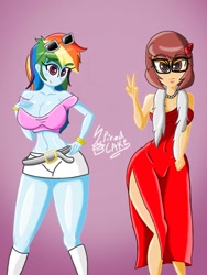 Size: 971x1294 | Tagged: safe, artist:spired_cake, imported from derpibooru, rainbow dash, human, equestria girls, big breasts, breasts, busty rainbow dash, cleavage, clothes, crossover, duo, eyelashes, female, gradient background, peace sign, scooby doo, shorts, sunglasses, velma dinkley