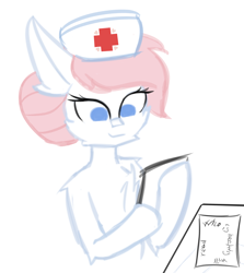 Size: 1342x1504 | Tagged: safe, artist:toxinagraphica, imported from derpibooru, nurse redheart, earth pony, pony, bipedal, cheek fluff, chest fluff, ear fluff, eyelashes, female, fluffy, hat, mare, nurse hat, paper, red cross, smiling, solo, text