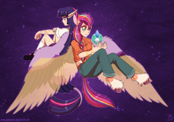 Size: 1944x1372 | Tagged: safe, artist:inuhoshi-to-darkpen, imported from derpibooru, sunny starscout, twilight sparkle, human, satyr, clothes, crystal, ear fluff, earth pony crystal, elf ears, eye clipping through hair, g5, gem, gemstones, humanized, leg fluff, leonine tail, pegasus crystal, satyrized, shoes, socks, sunny and her heroine, tail, tailed humanization, unicorn crystal