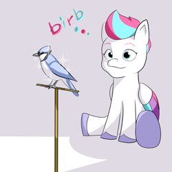 Size: 2231x2232 | Tagged: safe, artist:pascal571, imported from derpibooru, zipp storm, bird, blue jay, pegasus, pony, birb, g5, my little pony: a new generation, simple background, solo, thinking, white background