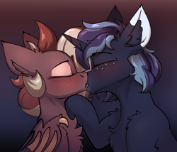 Size: 1547x1326 | Tagged: safe, artist:witchtaunter, imported from derpibooru, oc, oc only, oc:efflorescence, oc:witching hour, bat pony, pony, unicorn, bat pony oc, collaboration, freckles, kissing, oc x oc, shipping, witchessence