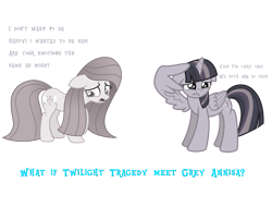 Size: 2774x2112 | Tagged: safe, artist:tanahgrogot, artist:wardex101, imported from derpibooru, twilight sparkle, oc, oc:annisa trihapsari, alicorn, pony pov series, crying, depressed, discorded, discorded twilight, duo, duo female, female, grey annisa, sad, simple background, text, transparent background, twilight sparkle (alicorn), twilight tragedy