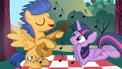 Size: 1280x721 | Tagged: safe, artist:mlplary6, imported from derpibooru, flash sentry, twilight sparkle, alicorn, pegasus, pony, female, flashlight, male, mare, music notes, picnic blanket, playing guitar, shipping, singing, smiling, stallion, straight, twilight sparkle (alicorn)