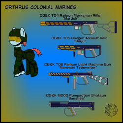 Size: 1280x1280 | Tagged: safe, artist:dice-warwick, imported from derpibooru, fallout equestria, fallout equestria: dance of the orthrus, armor, camouflage, clothes, fanfic art, gun, military, military uniform, railgun, rifle, shotgun, uniform, weapon