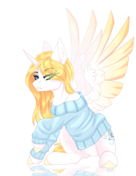 Size: 2092x2689 | Tagged: artist needed, safe, imported from derpibooru, oc, oc only, oc:sweetie shy, alicorn, pony, alicorn oc, clothes, female, horn, mare, present, simple background, solo, wings