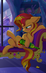 Size: 1600x2560 | Tagged: safe, artist:dawnflame, imported from derpibooru, sunset shimmer, pony, unicorn, equestria girls, alcohol, bottle, drunk, drunker shimmer, female, floppy ears, frown, glass bottle, mare, reference used, solo