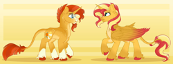 Size: 1280x477 | Tagged: safe, artist:devonella, imported from derpibooru, sunburst, sunset shimmer, alicorn, pony, unicorn, equestria girls, alicornified, brother and sister, duo, female, glasses, horn, leonine tail, male, mare, race swap, shimmercorn, siblings, stallion, sunny siblings, tail, wings