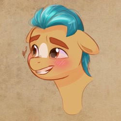 Size: 2937x2937 | Tagged: safe, artist:artharuhi, imported from derpibooru, hitch trailblazer, earth pony, pony, blushing, bust, cute, floppy ears, g5, grin, hitchbetes, looking at each other, looking at someone, male, markings, smiling, solo, stallion