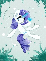 Size: 3000x4000 | Tagged: safe, artist:stravy_vox, imported from derpibooru, rarity, pony, unicorn, blue eyes, diamond, female, flying, gem, glowing, glowing horn, horn, leaves, looking at you, smiling, solo, tail