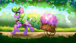 Size: 3840x2160 | Tagged: safe, artist:confetticakez, imported from derpibooru, daisy, flower wishes, earth pony, pony, cart, female, flower, grass, mare, raised hoof, raised leg, solo, tree