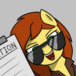 Size: 295x295 | Tagged: safe, artist:alexi148, imported from derpibooru, oc, oc:postal mare, earth pony, pony, aggie.io, clipboard, clothes, glasses, hi anon, looking at you, meme, petition, ponified, postal, postal 2, postal dude, solo, sunglasses, trenchcoat