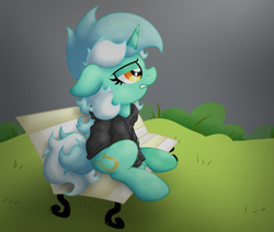 Size: 3138x2663 | Tagged: safe, artist:background basset, imported from derpibooru, lyra heartstrings, pony, unicorn, fanfic:background pony, bench, clothes, dig the swell hoodie, fanfic art, hoodie, sitting, solo