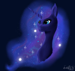 Size: 1138x1080 | Tagged: safe, artist:lefi32, imported from derpibooru, princess luna, alicorn, pony, bust, ethereal mane, galaxy, galaxy mane, simple background, smiling, solo, space