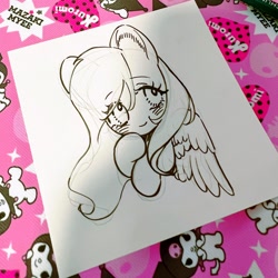 Size: 2048x2048 | Tagged: safe, artist:puzi, imported from derpibooru, fluttershy, pegasus, pony, bust, female, mare, smiling, solo, traditional art, wings