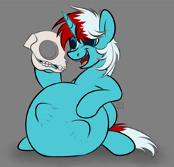 Size: 1280x1229 | Tagged: safe, artist:sadfloorlamp, imported from derpibooru, oc, oc only, pony, skeleton pony, unicorn, abdominal bulge, belly, belly bumps, big belly, bone, commission, male, male pred, offscreen character, open mouth, skeleton, skull, vore, ych result