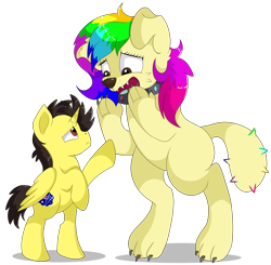 Size: 9300x9125 | Tagged: safe, artist:rainbowtashie, imported from derpibooru, oc, oc only, oc:rainbow tashie, oc:tommy the human, alicorn, diamond dog, dog, pony, absurd resolution, alicorn oc, child, collar, colt, commissioner:bigonionbean, diamond dog oc, diamond dogified, dog collar, duo, duo male and female, female, foal, frown, horn, looking at each other, looking at someone, male, mare, missing cutie mark, open mouth, sad, shadow, simple background, species swap, standing up, transparent background, wings, writer:bigonionbean